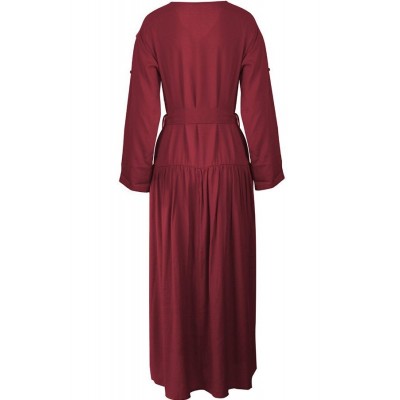 Dark-red Long Sleeve Slit Tied Casual Maxi Dress