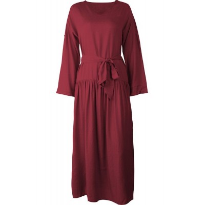 Dark-red Long Sleeve Slit Tied Casual Maxi Dress