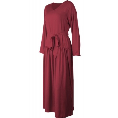 Dark-red Long Sleeve Slit Tied Casual Maxi Dress