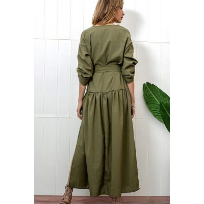 Army-green Long Sleeve Slit Tied Casual Maxi Dress