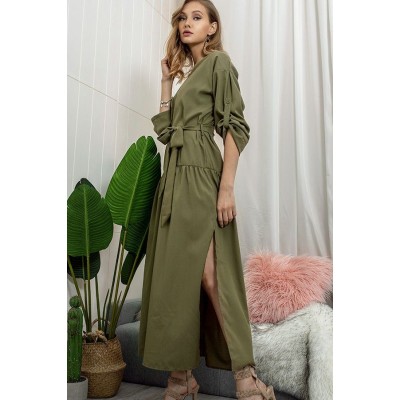 Army-green Long Sleeve Slit Tied Casual Maxi Dress