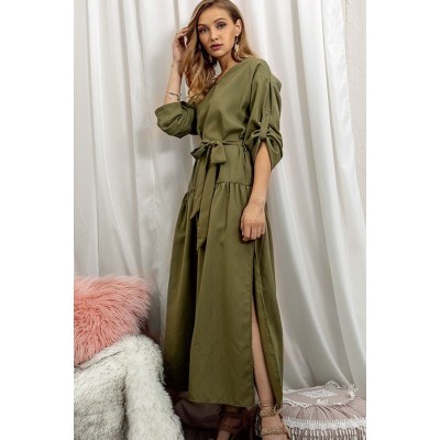 Army-green Long Sleeve Slit Tied Casual Maxi Dress