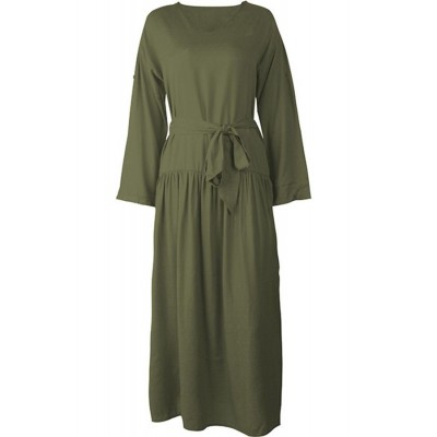 Army-green Long Sleeve Slit Tied Casual Maxi Dress