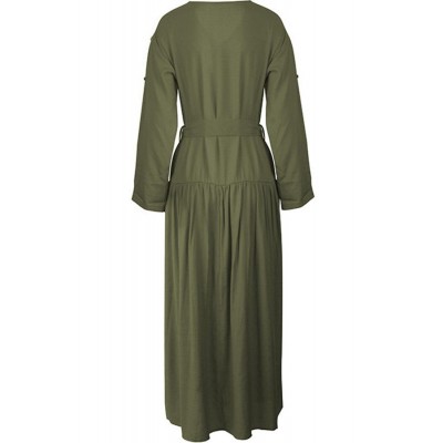 Army-green Long Sleeve Slit Tied Casual Maxi Dress