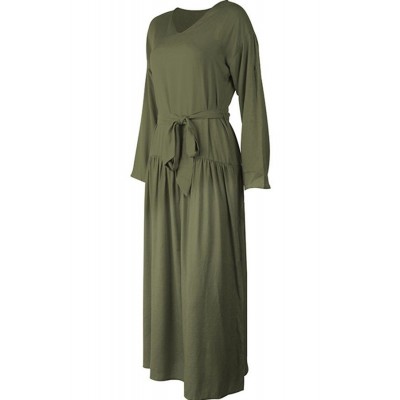 Army-green Long Sleeve Slit Tied Casual Maxi Dress