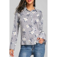 Gray Stripe Floral Long Sleeve Chic Shirt