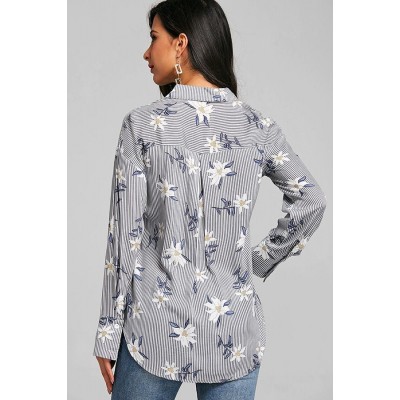 Gray Stripe Floral Long Sleeve Chic Shirt