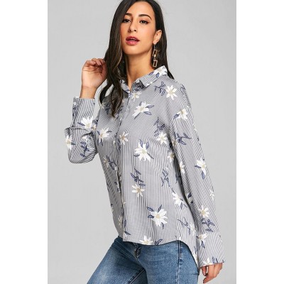 Gray Stripe Floral Long Sleeve Chic Shirt