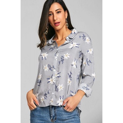 Gray Stripe Floral Long Sleeve Chic Shirt