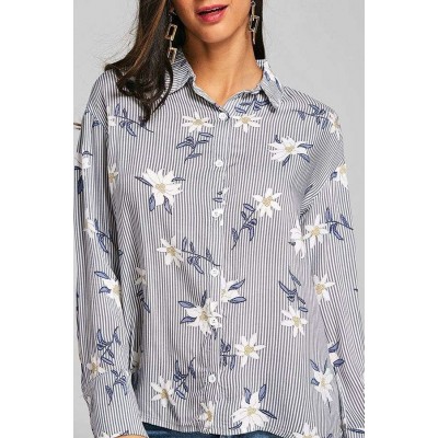 Gray Stripe Floral Long Sleeve Chic Shirt