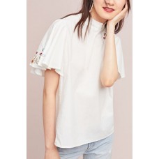 Floral Embroidery Short Sleeve Mock Neck Casual Blouse