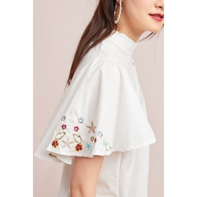 Floral Embroidery Short Sleeve Mock Neck Casual Blouse