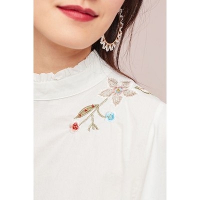 Floral Embroidery Short Sleeve Mock Neck Casual Blouse