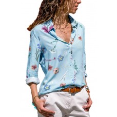 Light-Floral Lapel Button Up Long Sleeve Chic High Low Shirt