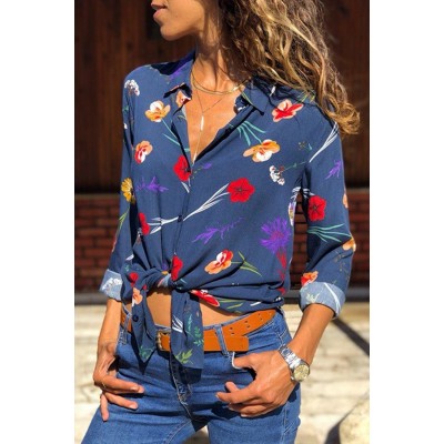 Dark-Floral Lapel Button Up Long Sleeve Casual Shirt