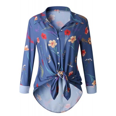 Dark-Floral Lapel Button Up Long Sleeve Casual Shirt