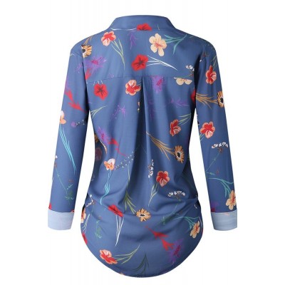 Dark-Floral Lapel Button Up Long Sleeve Casual Shirt