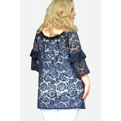 Dark-Floral Lace Round Neck Casual Oversize Blouse