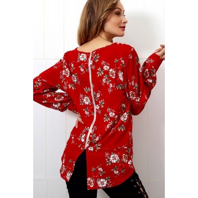 Dark-red Floral Back Zipper Long Sleeve Casual Blouse