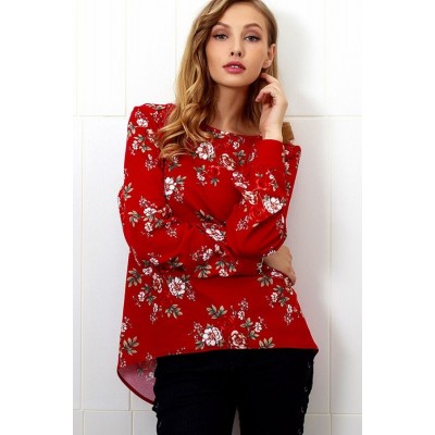 Dark-red Floral Back Zipper Long Sleeve Casual Blouse