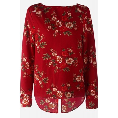 Dark-red Floral Back Zipper Long Sleeve Casual Blouse