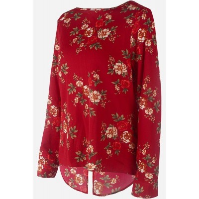 Dark-red Floral Back Zipper Long Sleeve Casual Blouse