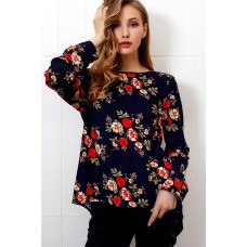 Dark-Floral Back Zipper Long Sleeve Casual Blouse