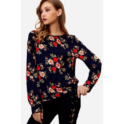 Dark-Floral Back Zipper Long Sleeve Casual Blouse