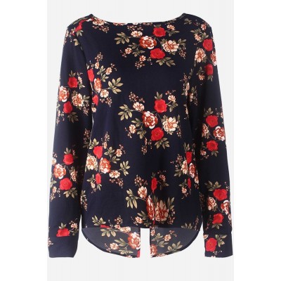 Dark-Floral Back Zipper Long Sleeve Casual Blouse