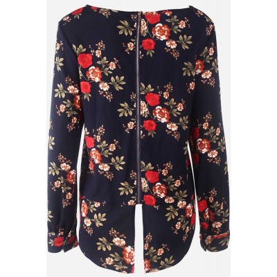 Dark-Floral Back Zipper Long Sleeve Casual Blouse