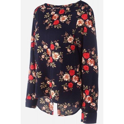 Dark-Floral Back Zipper Long Sleeve Casual Blouse