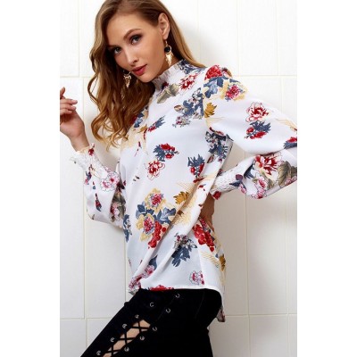 Floral Mock Neck Long Sleeve Casual Blouse