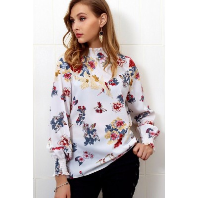 Floral Mock Neck Long Sleeve Casual Blouse