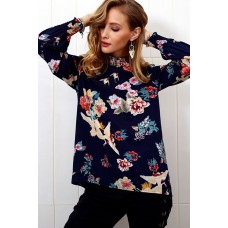 Dark-Floral Mock Neck Long Sleeve Casual Blouse