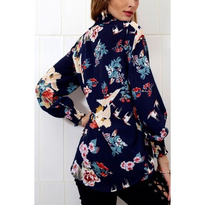 Dark-Floral Mock Neck Long Sleeve Casual Blouse