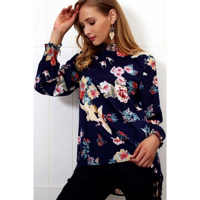 Dark-Floral Mock Neck Long Sleeve Casual Blouse