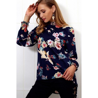 Dark-Floral Mock Neck Long Sleeve Casual Blouse