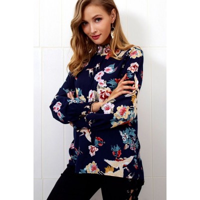 Dark-Floral Mock Neck Long Sleeve Casual Blouse