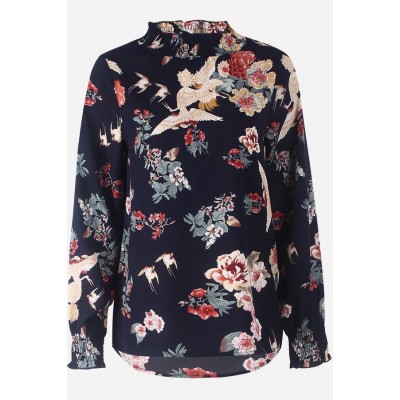 Dark-Floral Mock Neck Long Sleeve Casual Blouse