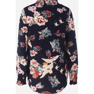 Dark-Floral Mock Neck Long Sleeve Casual Blouse