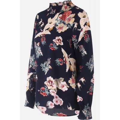 Dark-Floral Mock Neck Long Sleeve Casual Blouse