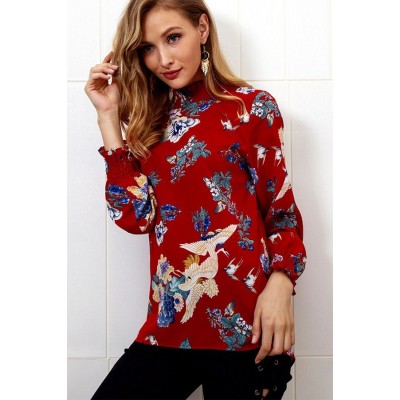 Dark-red Floral Mock Neck Long Sleeve Casual Blouse