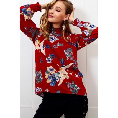 Dark-red Floral Mock Neck Long Sleeve Casual Blouse