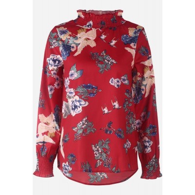 Dark-red Floral Mock Neck Long Sleeve Casual Blouse