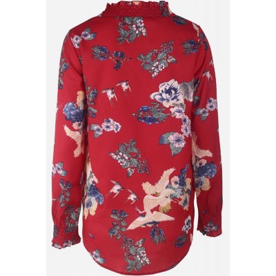 Dark-red Floral Mock Neck Long Sleeve Casual Blouse