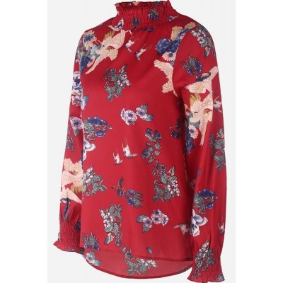 Dark-red Floral Mock Neck Long Sleeve Casual Blouse