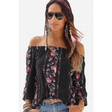 Black Floral Off Shoulder Long Sleeve Dressy Blouse