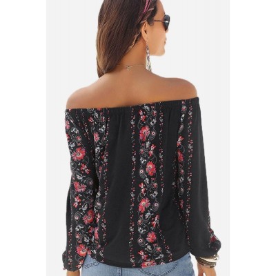 Black Floral Off Shoulder Long Sleeve Dressy Blouse