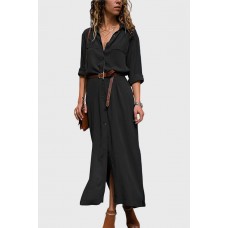 Black Lapel Long Sleeve Button Up Slit Casual Maxi Shirt Dress