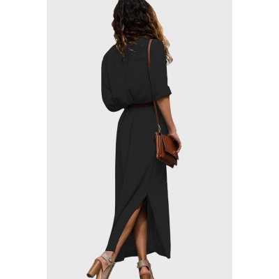 Black Lapel Long Sleeve Button Up Slit Casual Maxi Shirt Dress